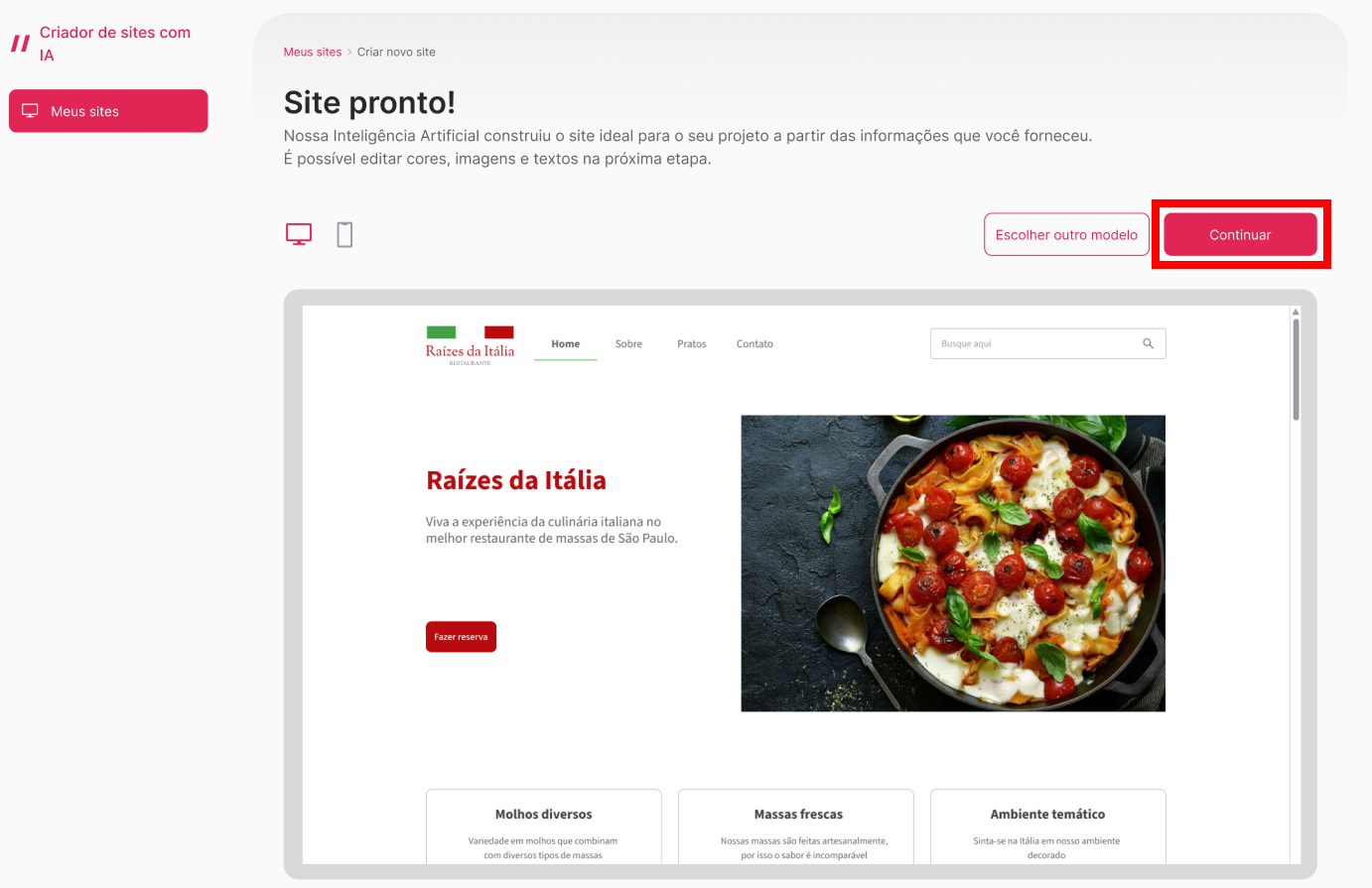 [Alt text: Imagem da visualização do site modelado pela IA. O botão para continuar está no lado superior direito da tela.